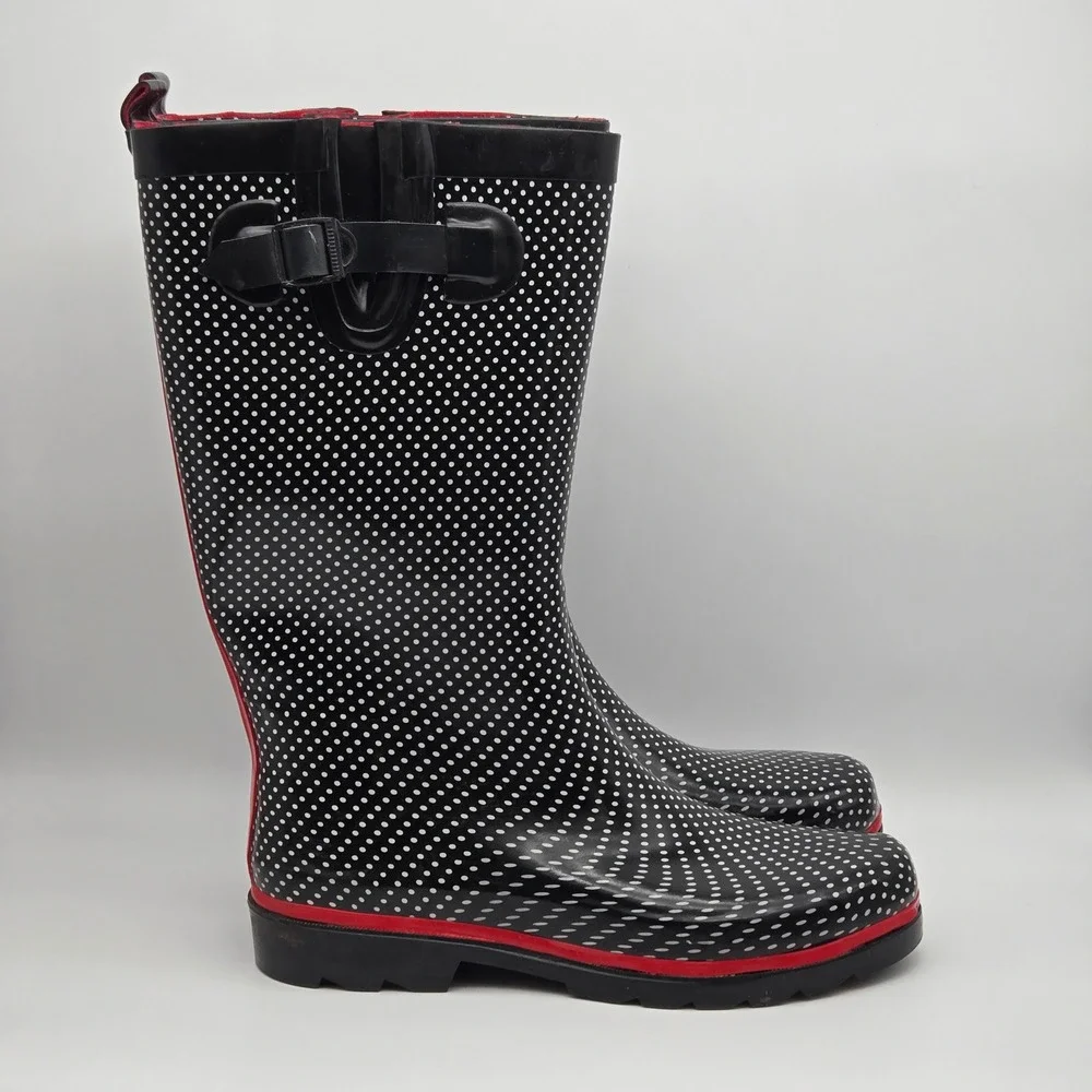 Capelli New York Rain Boots Women 10 Black Polka Dot Waterproof Rockabilly
